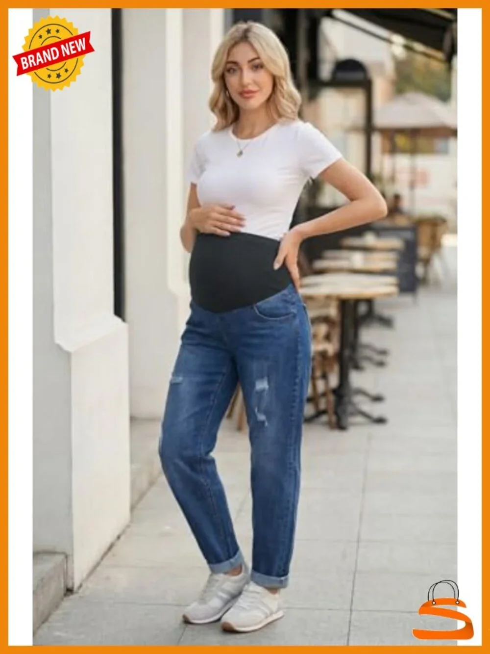 Over Belly Maternity Jeans Ripped Denim Adjustable Waistband